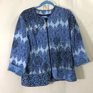 Coldwater Creek Blue Print Jacket Blazer Front Zip Lined Patchwork Collarless 14